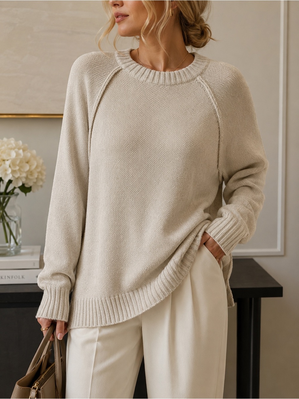 Zenana Small Beige Oversized Raglan Knit Sweater Side Slit Old Money - Picture 1 of 7